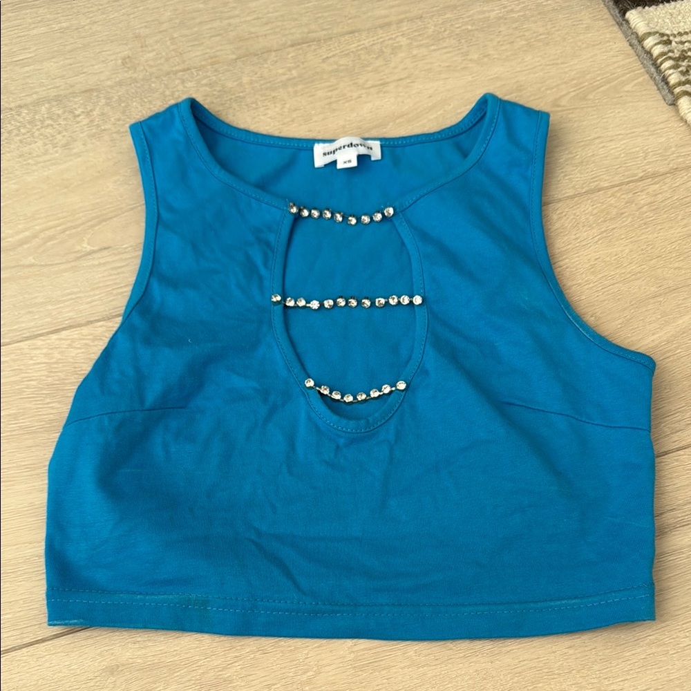 Superdown Teal Crop Top with Silver Bead Accents